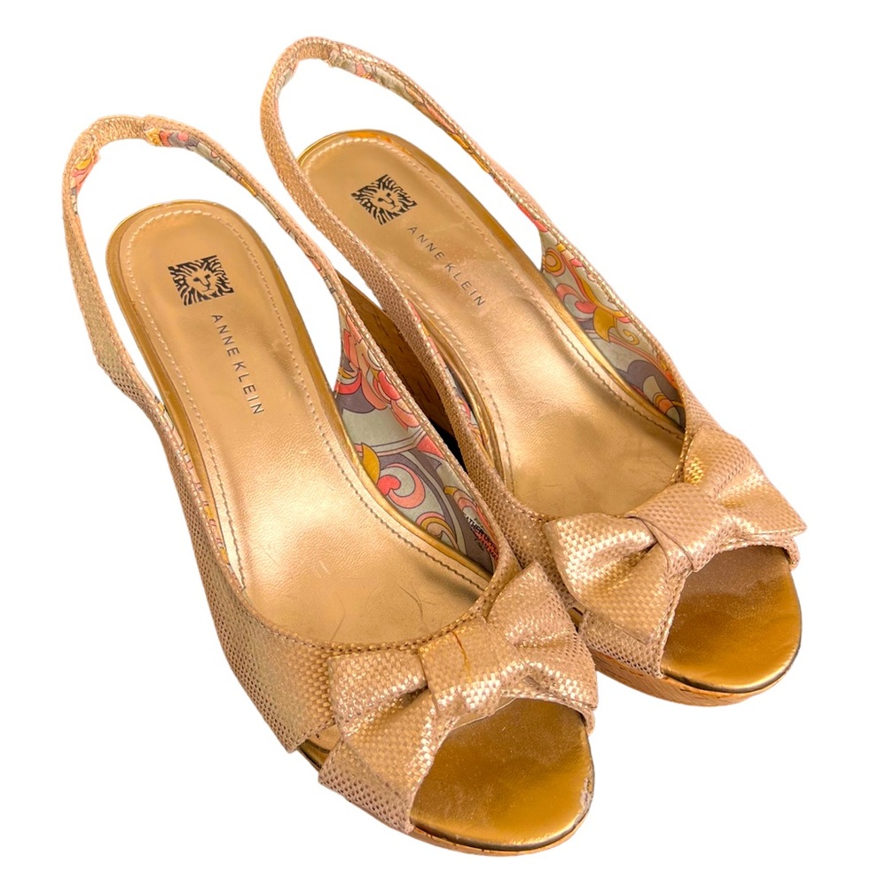 Anne Klein Gold Tone Leather Upper Cork Wedge Open Toe Sandal with Large Bow